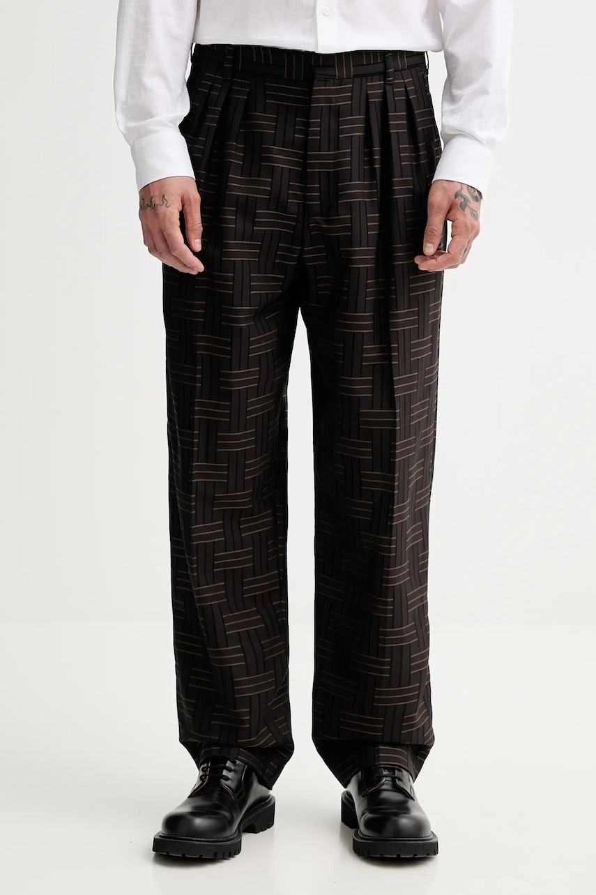 Vlněné kalhoty Kenzo pánské, hnědá barva, jednoduché, FF55PA2149JT.90