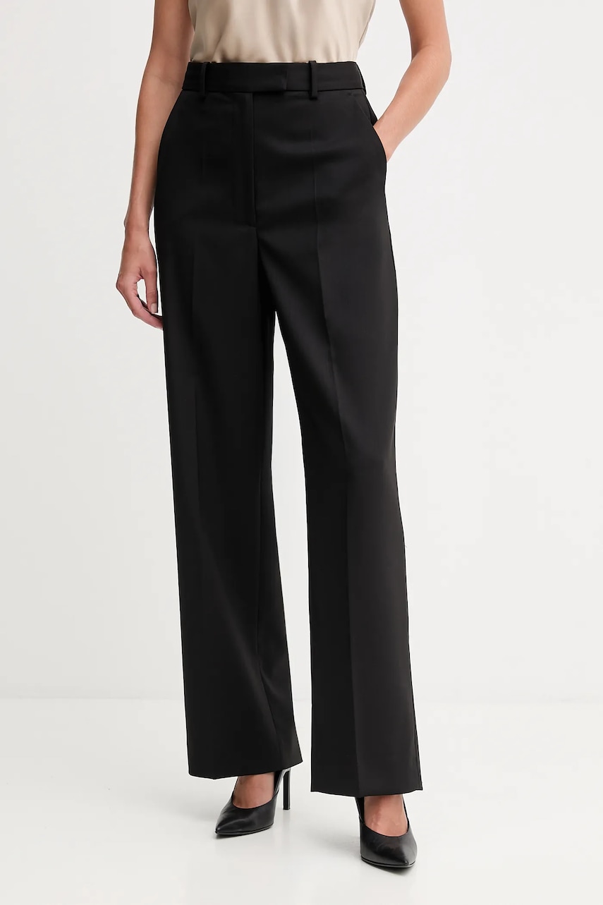 Vlněné kalhoty Tommy Hilfiger dámské, černá barva, high waist, WW0WW48362