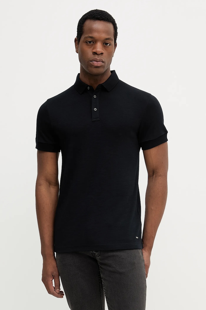 Vlněné polo tričko Joop! pánské, černá barva, 30043596