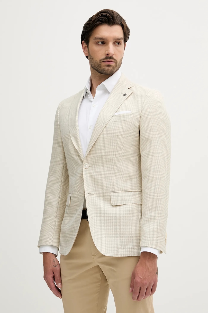 Vlněné sako BOSS H-Hutson-233 pánské, béžová barva, 50545883