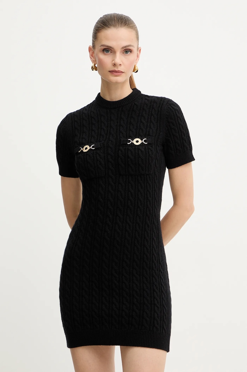 Vlněné šaty Patou černá barva, mini, přiléhavé, KN2588041
