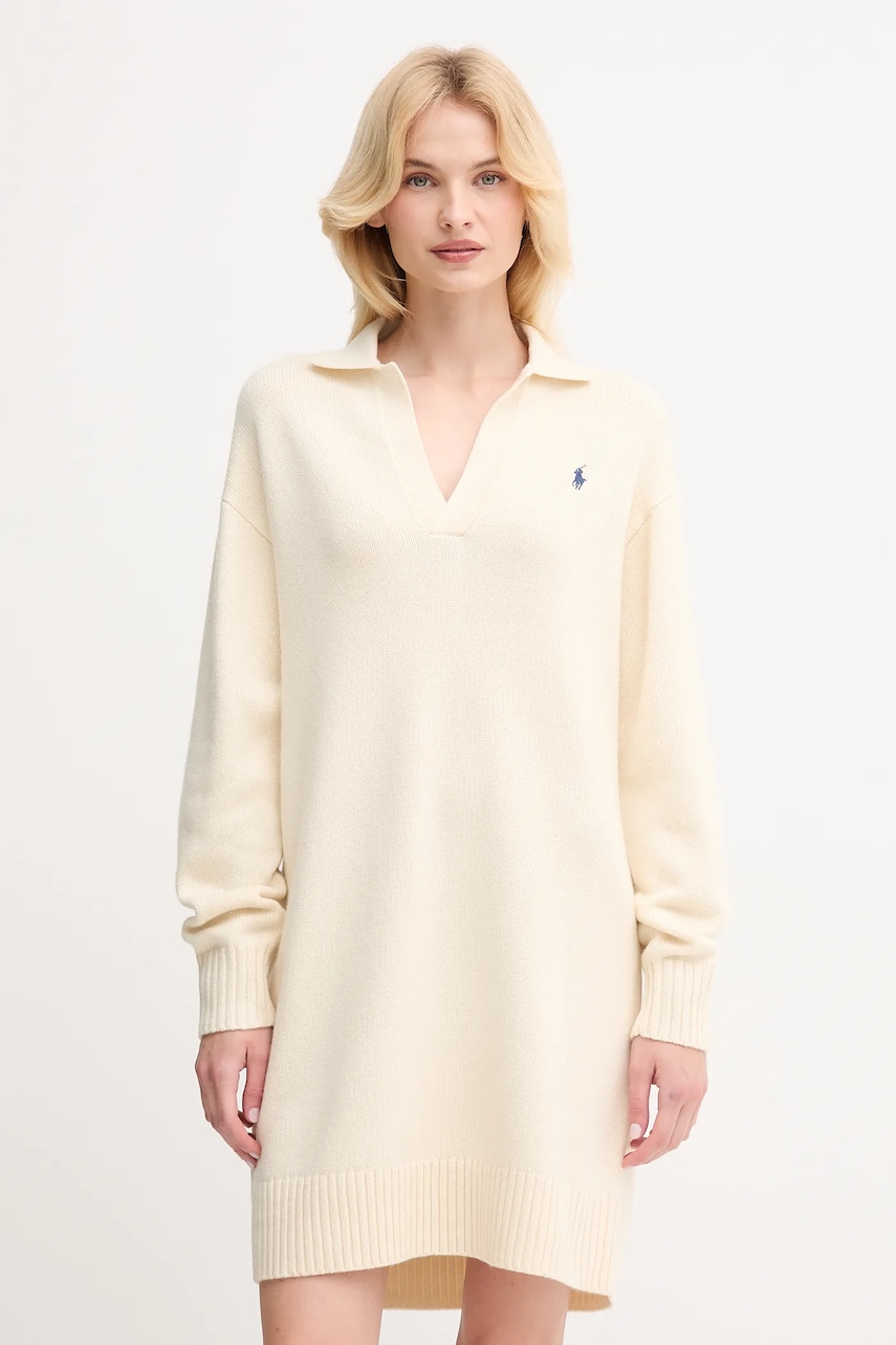 Vlněné šaty Polo Ralph Lauren béžová barva, mini, oversize, 211A91143