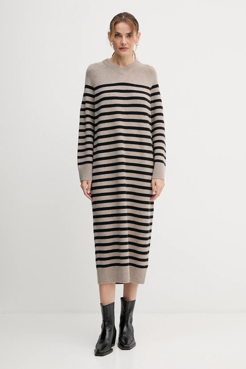 Vlněné šaty Tommy Hilfiger béžová barva, midi, oversize, WW0WW46761