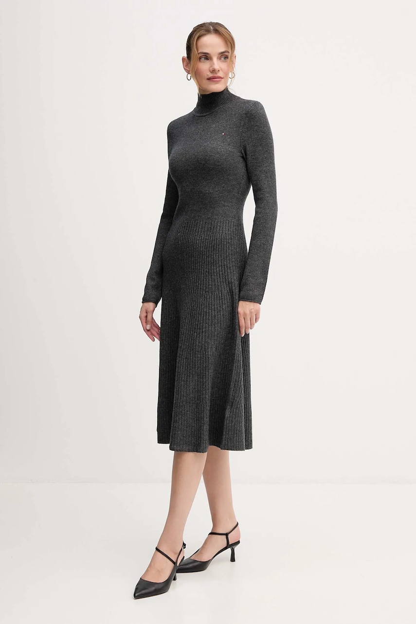 Vlněné šaty Tommy Hilfiger šedá barva, midi, WW0WW47303