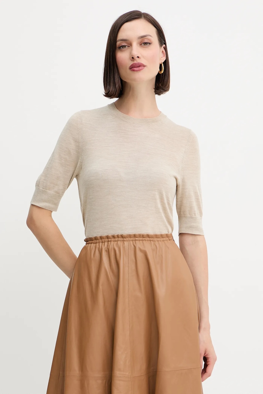 Vlněné tričko BOSS Farbella dámské, béžová barva, 50544996