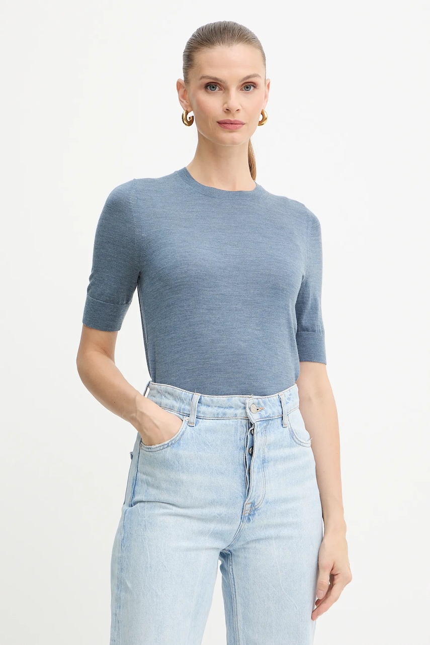 Vlněné tričko BOSS Farbella dámské, modrá barva, 50544996