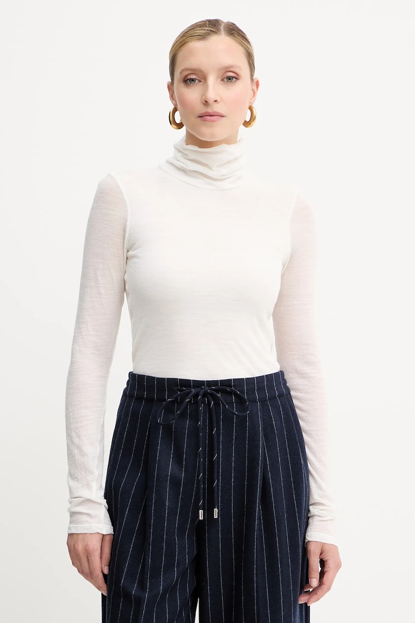 Vlněné tričko s dlouhým rukávem Liviana Conti béžová barva, s golfem, F5WH17