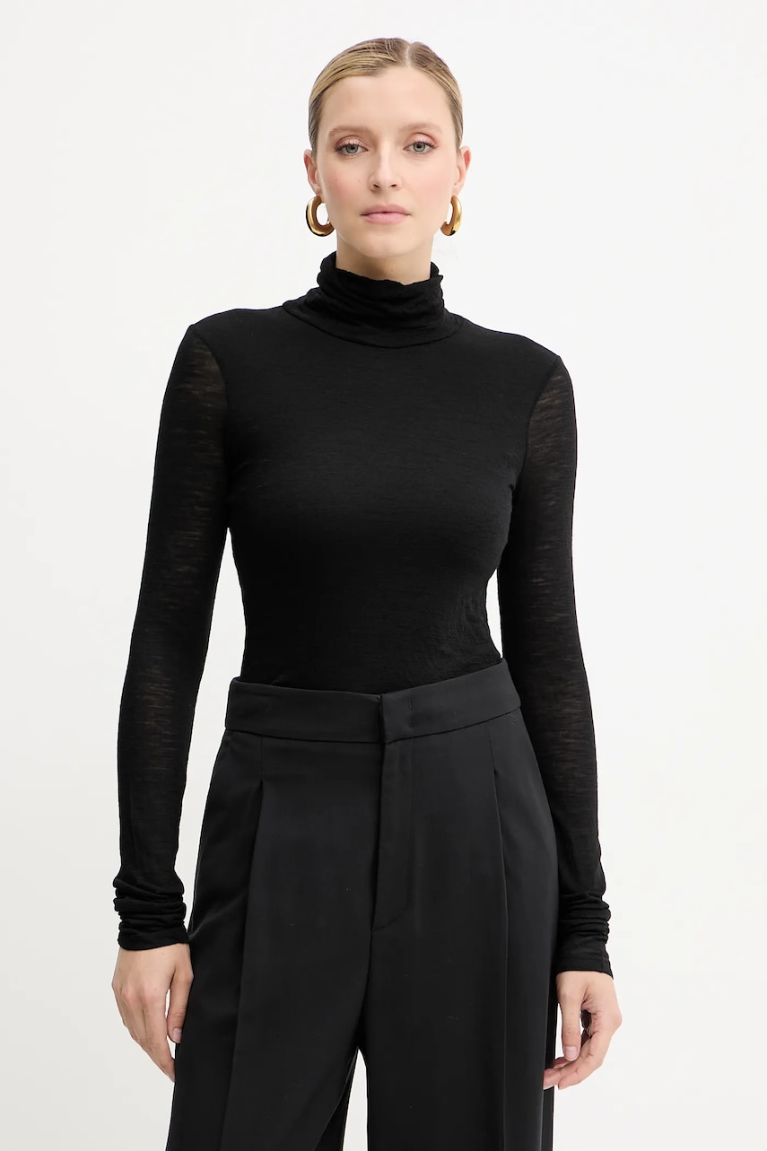 Vlněné tričko s dlouhým rukávem Liviana Conti černá barva, s golfem, F5WH17