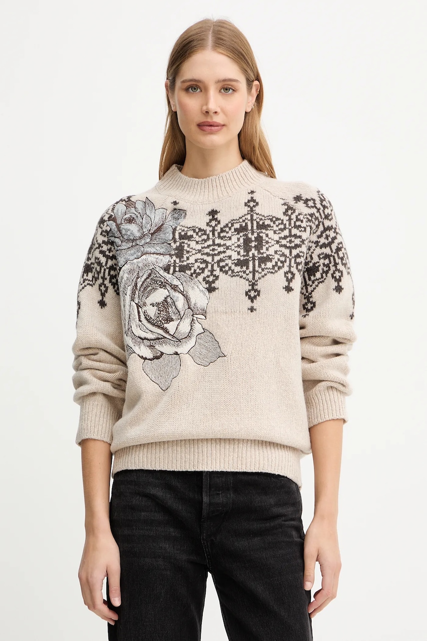 Vlněný svetr Blugirl Blumarine dámský, béžová barva, s pologolfem, RF5161.MS038