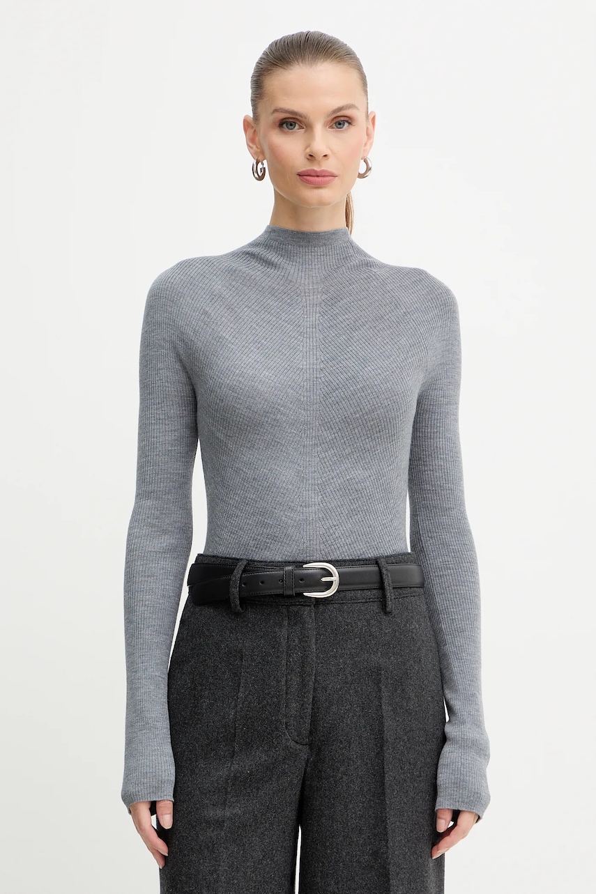 Vlněný svetr BOSS Foliora dámský, šedá barva, s pologolfem, 50549166