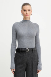 Vlněný svetr BOSS Foliora dámský, šedá barva, s pologolfem, 50549166