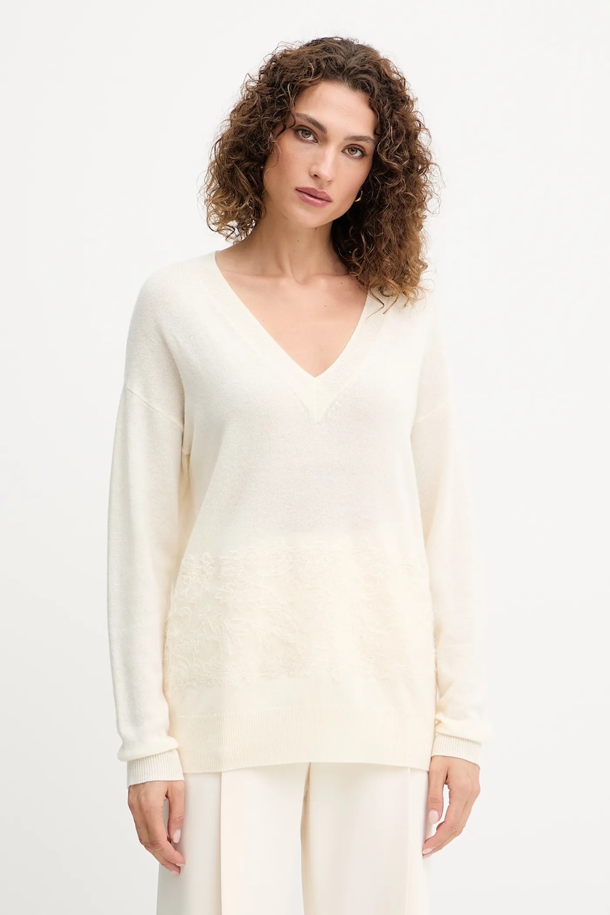 Vlněný svetr Ermanno Firenze dámský, béžová barva, 57TM049E55