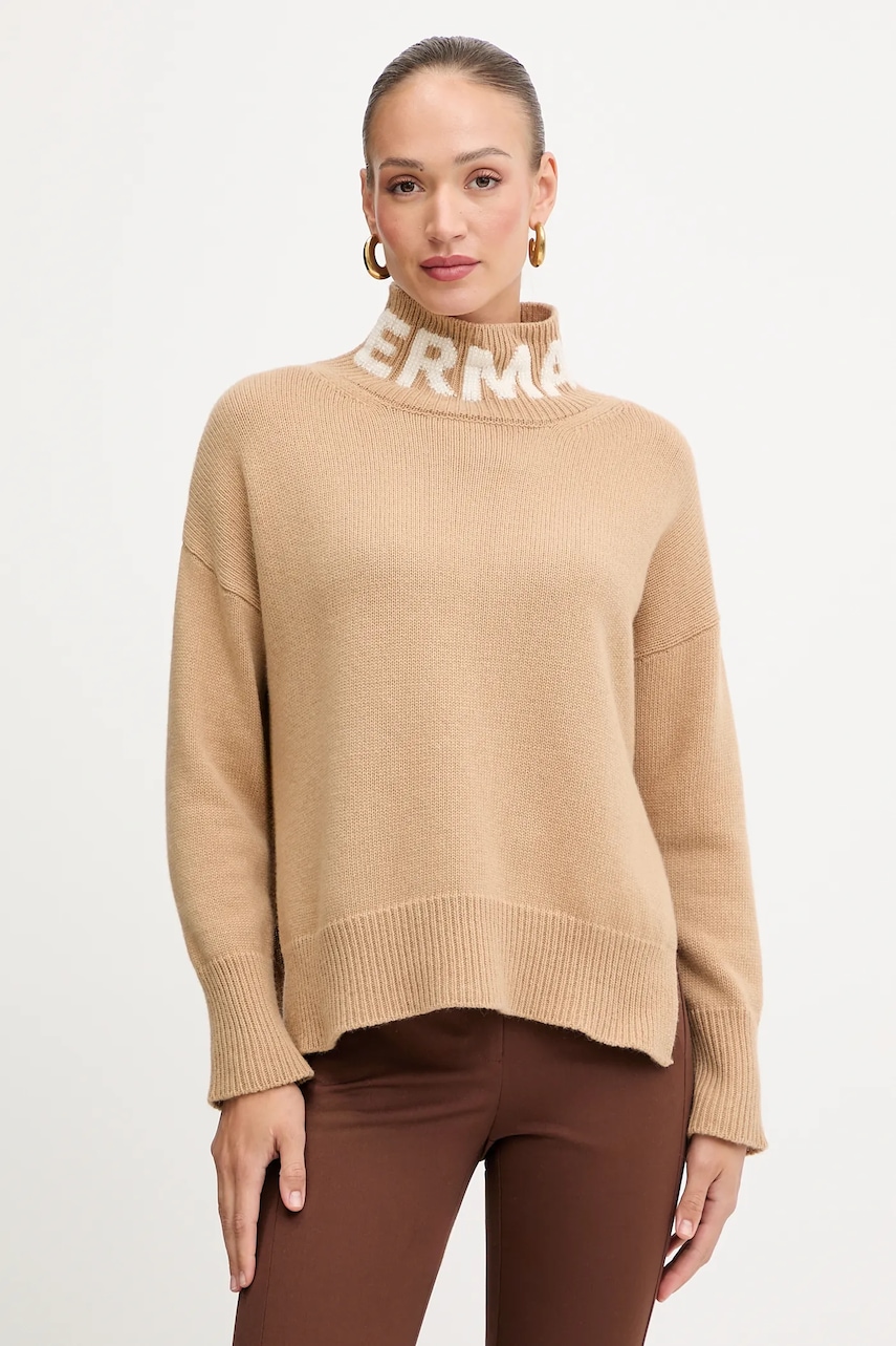 Vlněný svetr Ermanno Firenze dámský, béžová barva, s golfem, 57TM027EO1