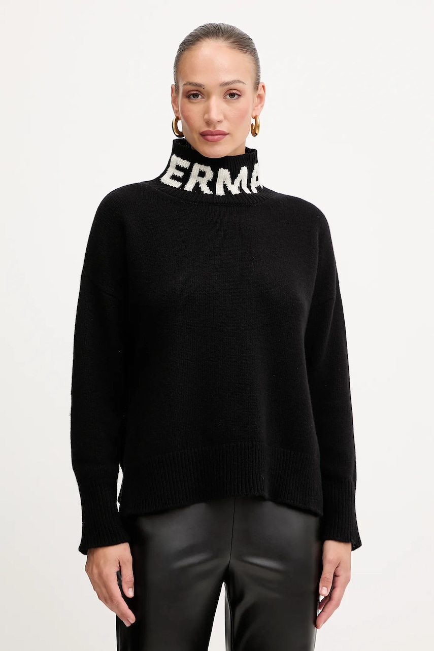 Vlněný svetr Ermanno Firenze dámský, černá barva, s golfem, 57TM027EO1