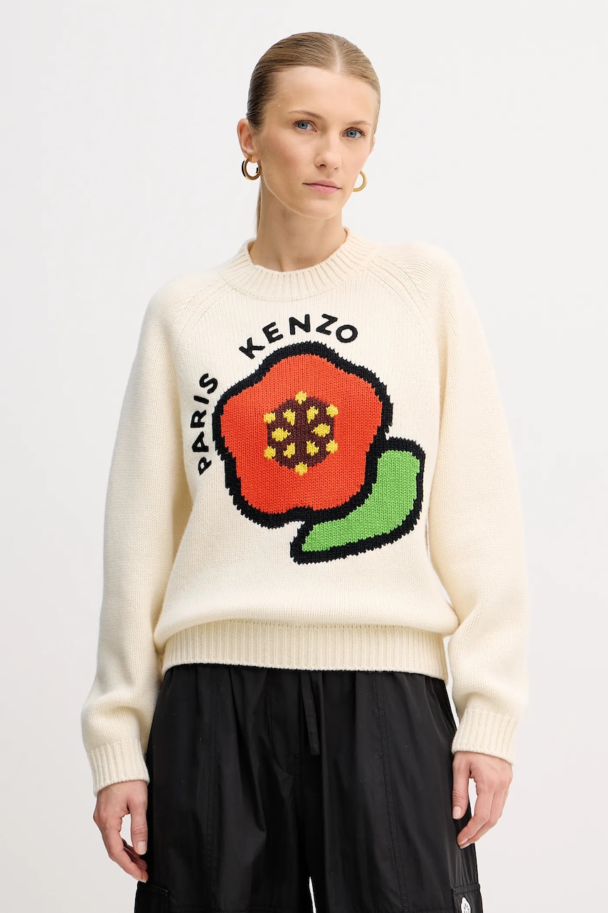 Vlněný svetr Kenzo Pop dámský, béžová barva, hřejivý, FF52PU7043LA.02