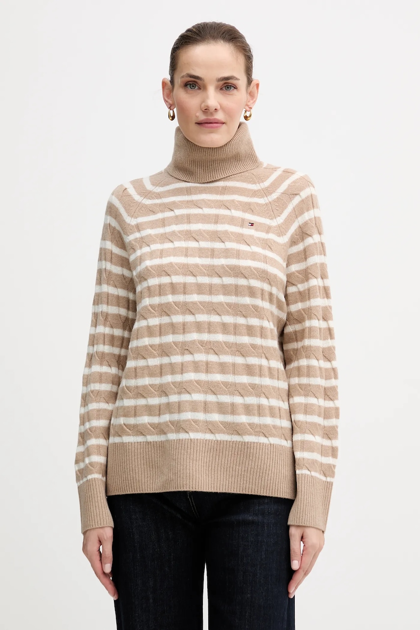 Vlněný svetr Tommy Hilfiger dámský, béžová barva, s golfem, WW0WW46791