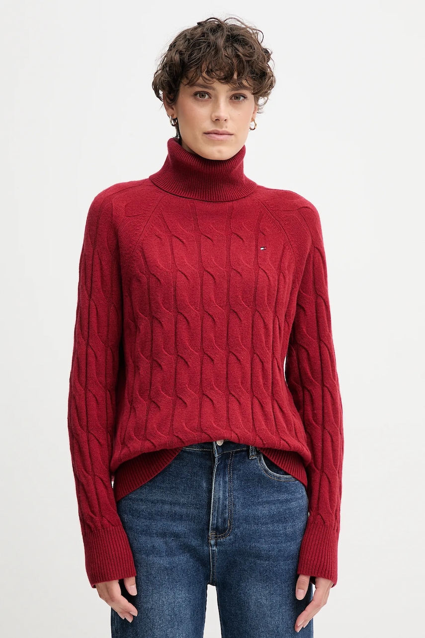 Vlněný svetr Tommy Hilfiger dámský, vínová barva, s golfem, WW0WW46791