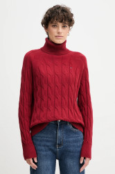 Vlněný svetr Tommy Hilfiger dámský, vínová barva, s golfem, WW0WW46791