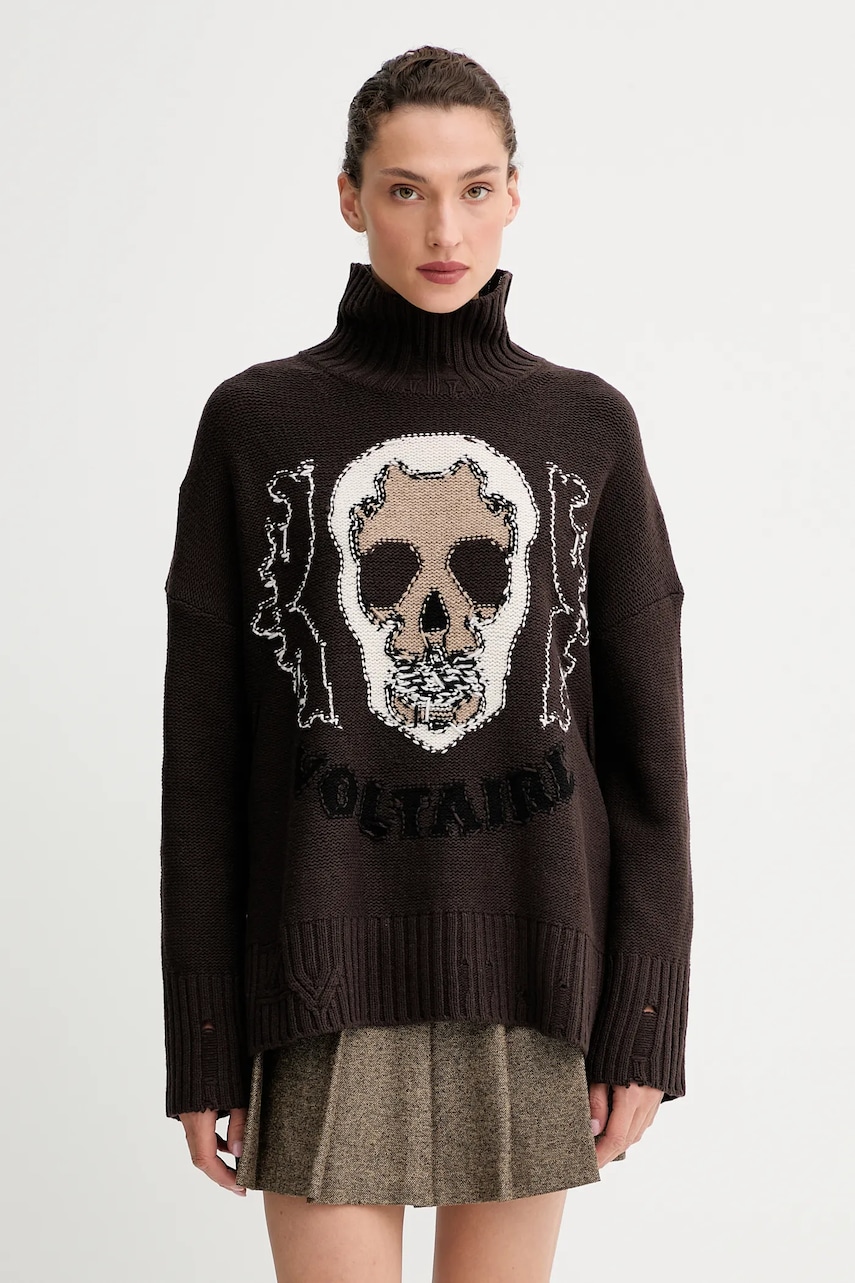 Vlněný svetr ZADIG&VOLTAIRE dámský, hnědá barva, s golfem, KWSW02825