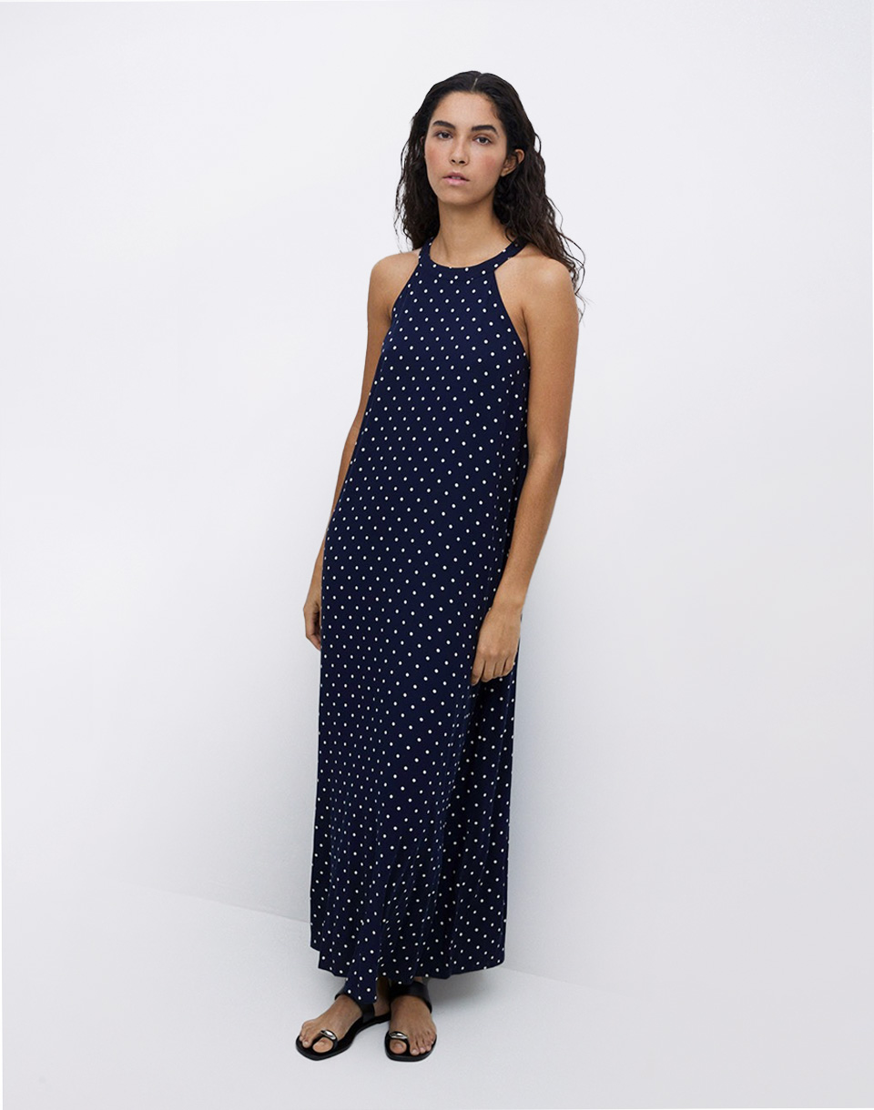 Yerse Blue Halter-Neck Long Dress NAVY DOTS S