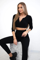 Žebrovaný crop top set v černé barvě